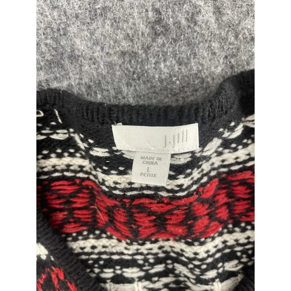 J Jill Sweater Womens Petites Large Black Deer Print Full Zip Cardigan Wool N313